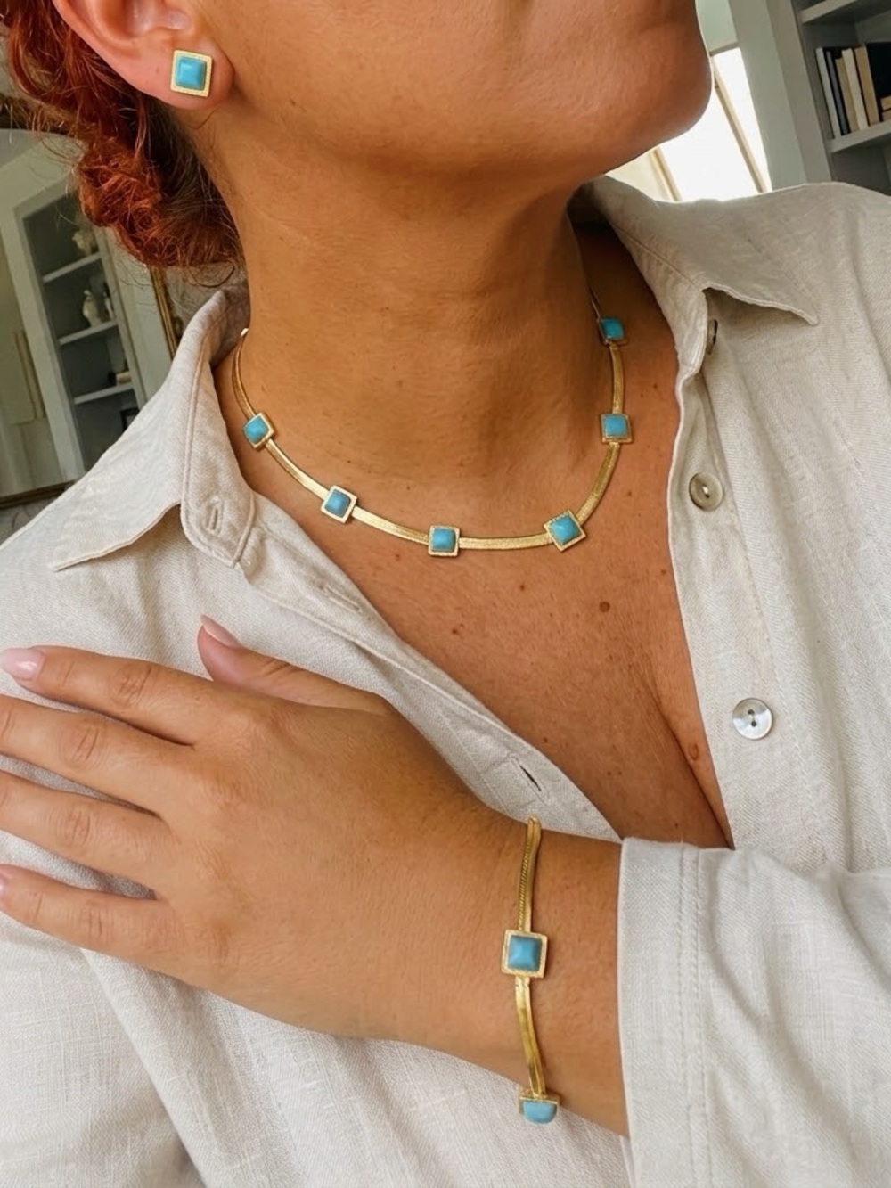 18K Gold Plated herringbone
Turquoise Necklace Set Stainless Steel jewelry
